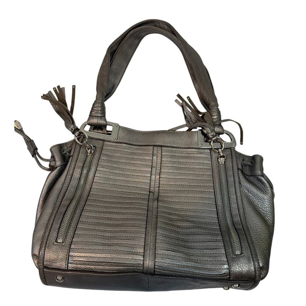 B Makowsky Shoulder Bag Silver Leather Purse Metallic Embossed Handbag